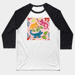 Colourful Crested Geckos with Jungle Leaves and Stars on pale pink Baseball T-Shirt